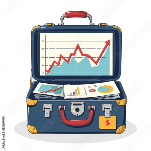 Business suitcase displaying financial charts and graphs  