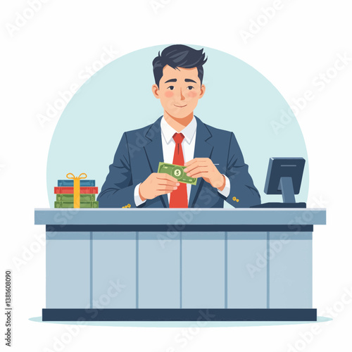 Businessman handling money at an office desk with gifts in background  