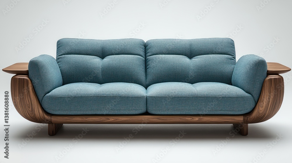 Teal fabric sofa, wooden frame, studio shot, minimalist background, home decor Teal fabric sofa, wooden frame, studio shot, minimalist background, home decor