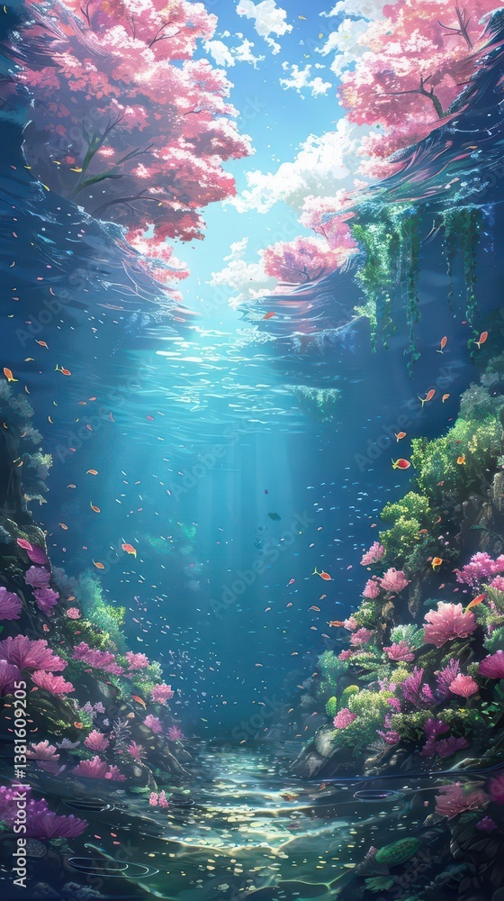 Obraz premium A serene underwater scene with colorful coral and fish illuminated by sunlight.