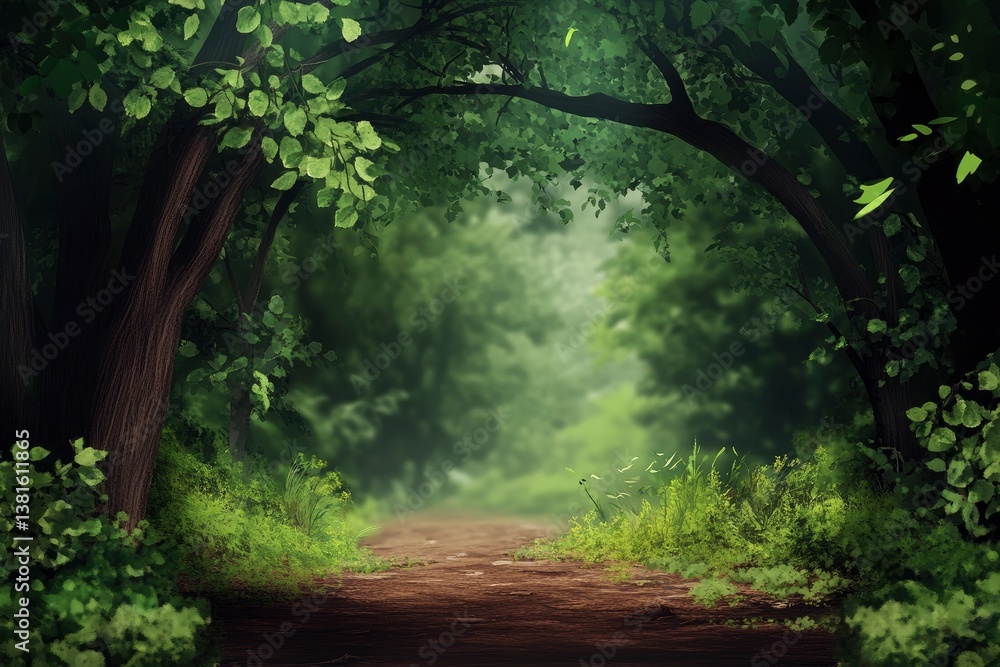 Fototapeta premium Walking Path Through Lush Green Forest Tunnel with Sunlight at End