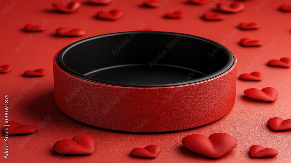 A striking red circular container stands proudly on a field of scattered small hearts, creating a visual representation of love, affection, and charm in a minimalistic style.