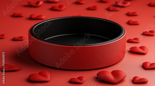 Obraz na płótnie A striking red circular container stands proudly on a field of scattered small hearts, creating a visual representation of love, affection, and charm in a minimalistic style. w salonie