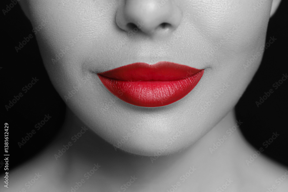 Fototapeta premium Young woman with beautiful red lips, closeup. Black and white effect with color accent