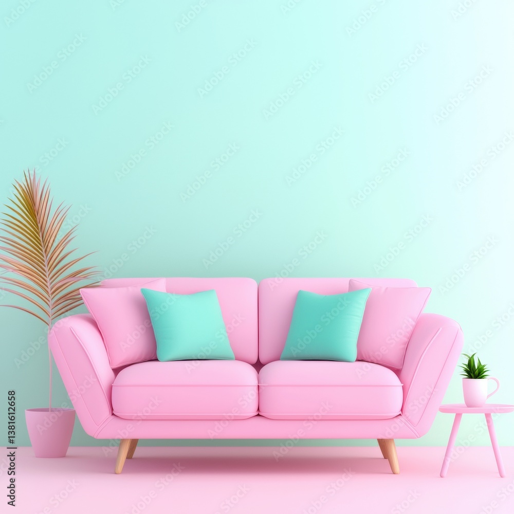 Fototapeta premium Modern pastel living room with pink sofa and tropical plant decor