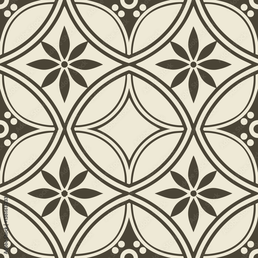 Decorative geometric tile pattern featuring floral motifs in neutral tones and contrasting colors for interior design inspiration Decorative geometric tile pattern featuring floral motifs in neutral tones and contrasting colors for interior design inspiration