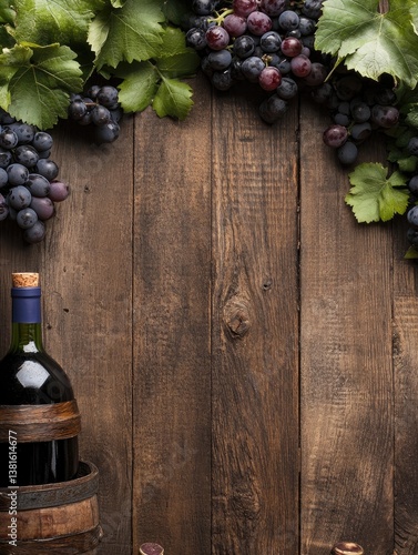 Wine bottle and grapes on rustic wooden planks