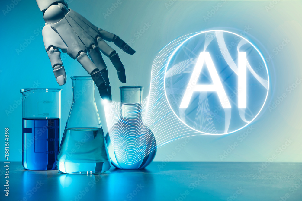 Artificial intelligence. Robot hand and laboratory glassware on color background