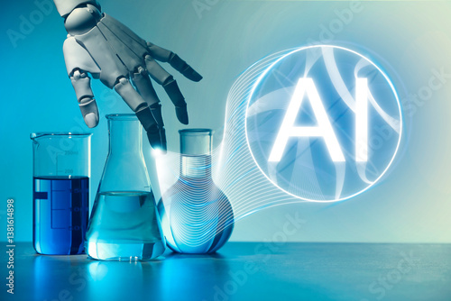 Obraz na płótnie Artificial intelligence. Robot hand and laboratory glassware on color background w salonie