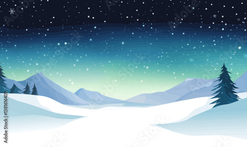 Serene Snowy Landscape with Aurora Borealis Vector Illustration