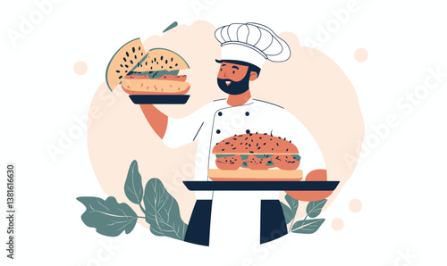Flat Minimalist Cartoon Chef Presenting Sandwich and Melon Vector Art