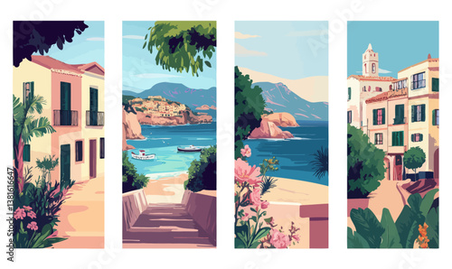 Majorca Travel Destination Posters with Coastal Promenade and Traditional Buildings