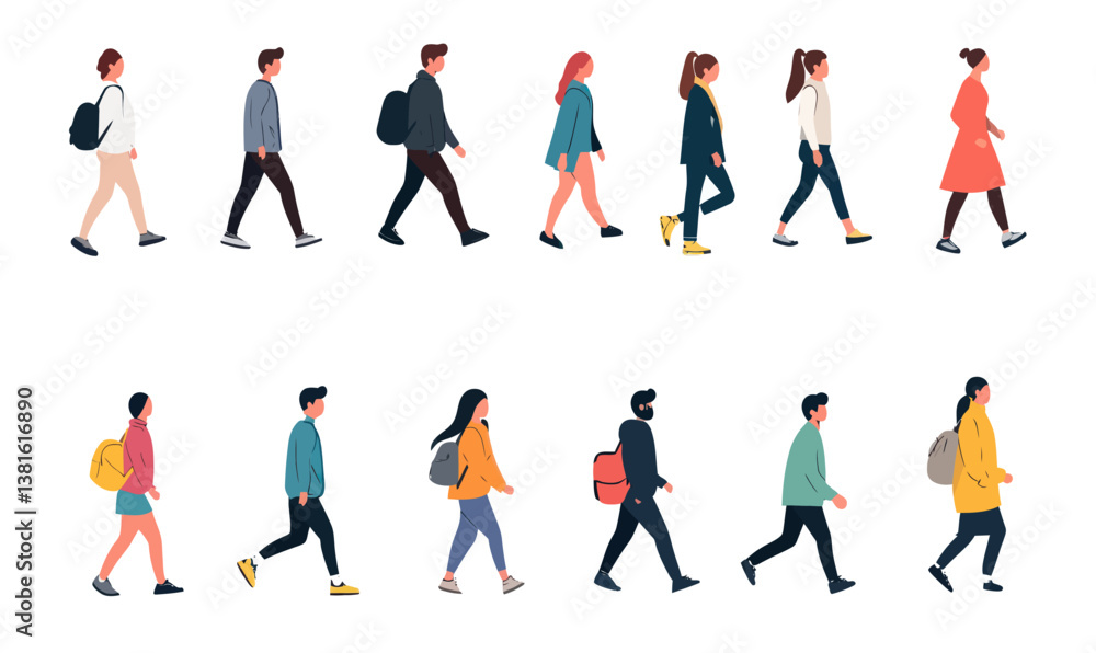 Diverse Animated People Walking Top View Vector Illustration Diverse Animated People Walking Top View Vector Illustration