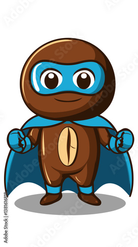 Cartoon Coffee Bean Superhero Mascot in Blue Cape and Mask for Beverage Branding
