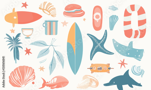 Hand-Drawn Summer Beach Vector Collection: Surf, Sea Life, and Treats