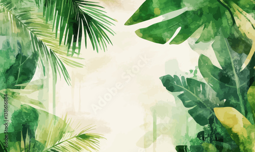 Tropical Watercolor Palm Leaves Background Summer Travel Minimalist Vector Art
