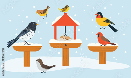 Winter Birds Feeding: Minimalist Vector of Tit, Pigeon, Bullfinch & Sparrow