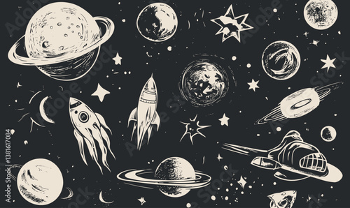 Hand-Drawn Space Adventures: Abstract Planets, Comets, and Spaceships in Minimalist Grunge Style