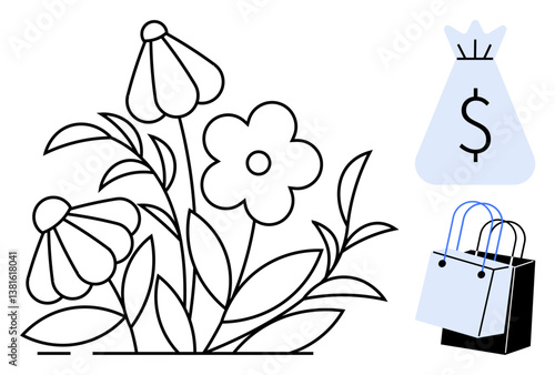 Outlined flowers with leaves and stem symbolize nature and growth. Shopping bag and money bag illustrate commerce and wealth. Ideal for concepts of economy, consumerism, sustainability, retail