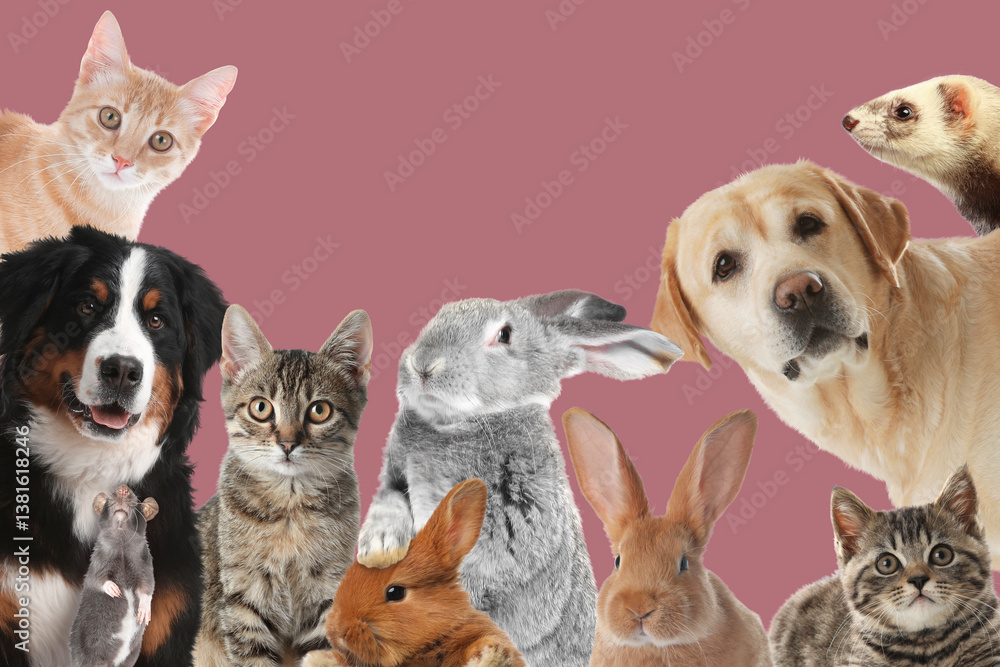 Fototapeta premium Rabbits and other animals looking at camera on dusty pink background