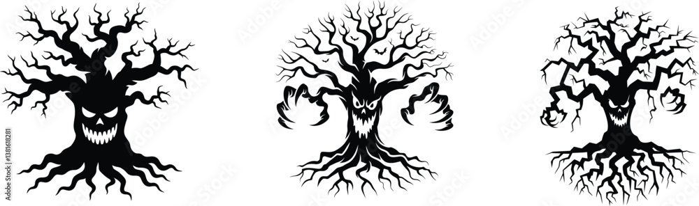 Obraz premium Spooky silhouette of Halloween Tree| Scary Evil Tree Silhouette with Bats| Halloween Spooky Vector