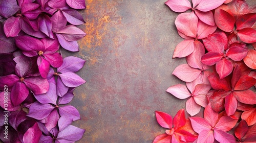 Vibrant fall leaves in shades of purple, pink, and red arranged on a textured surface