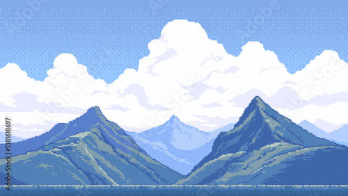 8-bit pixel art retro game level background. 2D platformer video game. side view of a fantasy world. high mountain landscape. simple 2D vector graphics.