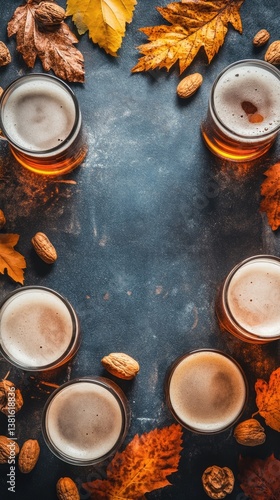 Autumnal beer glasses surrounded by fall leaves and nuts