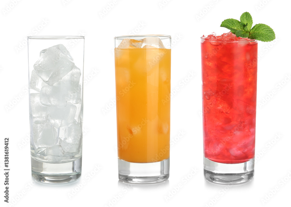 Glasses with ice cubes and refreshing drinks isolated on white, set