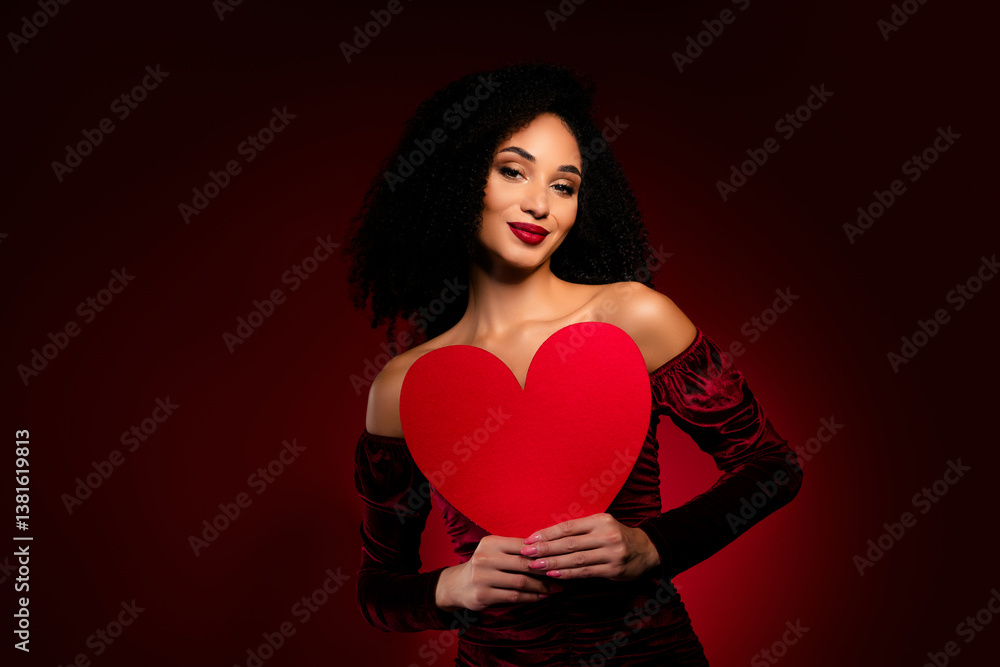 Fancy dream pretty girl wearing velvet color background showing holding red heart postcard Fancy dream pretty girl wearing velvet color background showing holding red heart postcard
