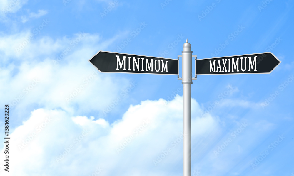 Fototapeta premium Signpost with Maximum and Minimum arrows pointing in different directions against beautiful sky
