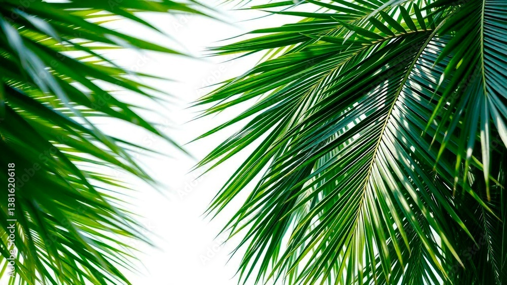 Lush green palm fronds create a tropical canopy against a bright sky, evoking a sense of relaxation and exotic destinations. Lush green palm fronds create a tropical canopy against a bright sky, evoking a sense of relaxation and exotic destinations.