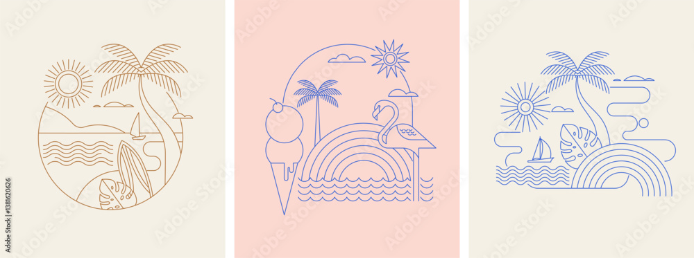Minimalist summer concept design. Linear simple, modern style. Summer background with palms, beach, sea and sun illustration