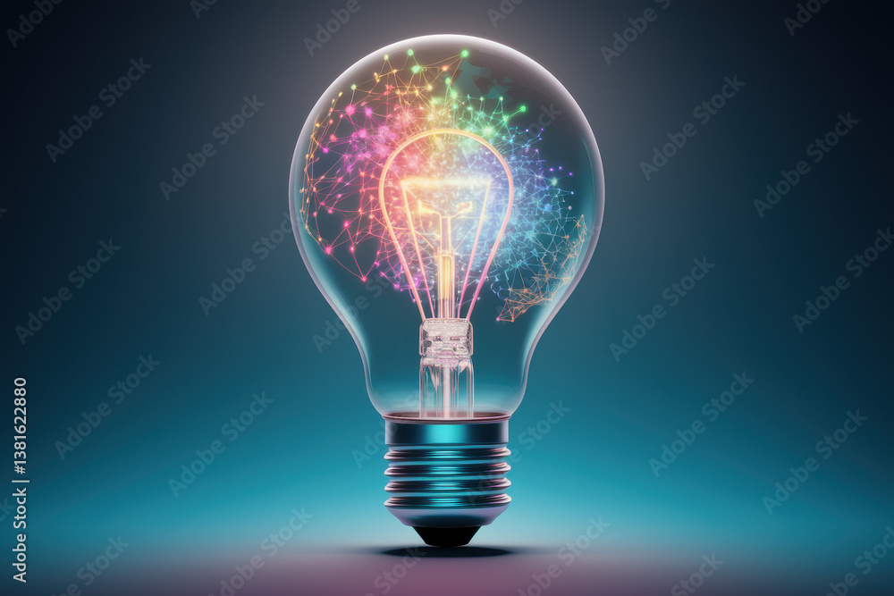 Innovative Lightbulb with Colorful Ideas Sparkling Inside on Gradient Background Innovative Lightbulb with Colorful Ideas Sparkling Inside on Gradient Background