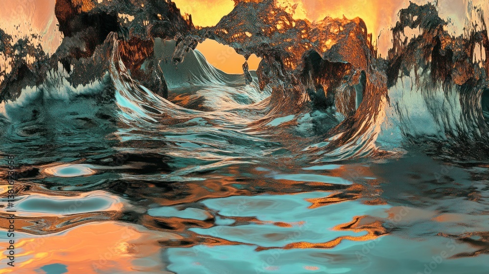 Surreal liquid landscape with reflective surface and dramatic rocky formations