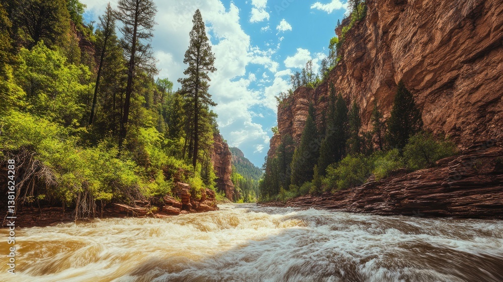 Turbulent river flowing through a steep canyon with lush green trees on rocky cliffs