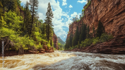 Obraz na płótnie Turbulent river flowing through a steep canyon with lush green trees on rocky cliffs w salonie