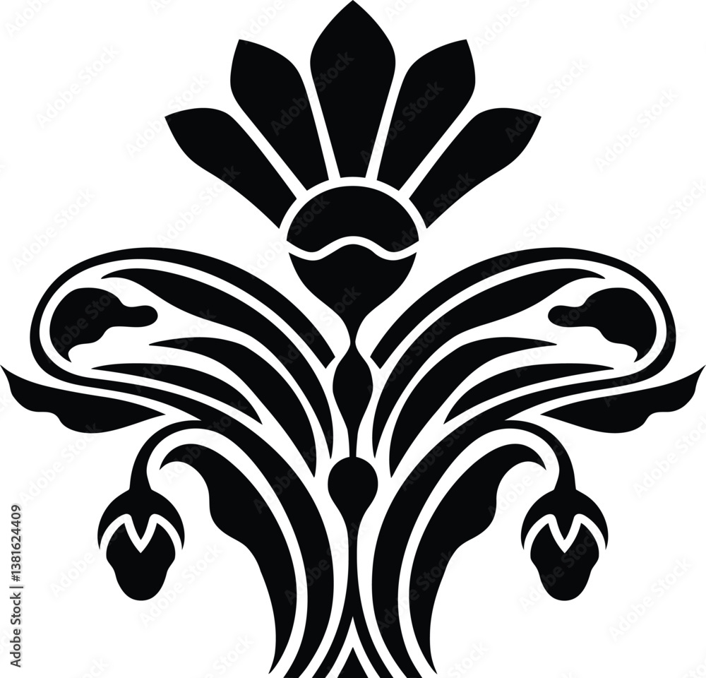 Ornate floral design, black and white, symmetrical pattern vector Ornate floral design, black and white, symmetrical pattern vector