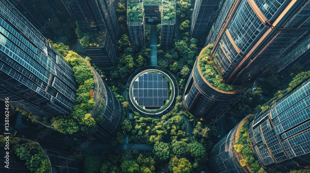 Futuristic sustainable city aerial view with integrated solar panels and lush greenery