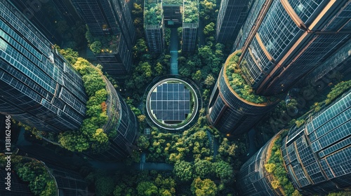 Obraz na płótnie Futuristic sustainable city aerial view with integrated solar panels and lush greenery w salonie