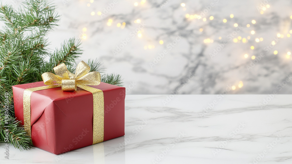 Minimalistic christmas gift in matte red paper with gold ribbon on marble surface. concept of holiday elegance, festive decor, simple celebrations, Copy space Minimalistic christmas gift in matte red paper with gold ribbon on marble surface. concept of holiday elegance, festive decor, simple celebrations, Copy space