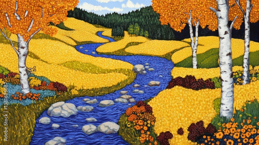 Vibrant autumn landscape with flowing river, golden meadows, and white birch trees