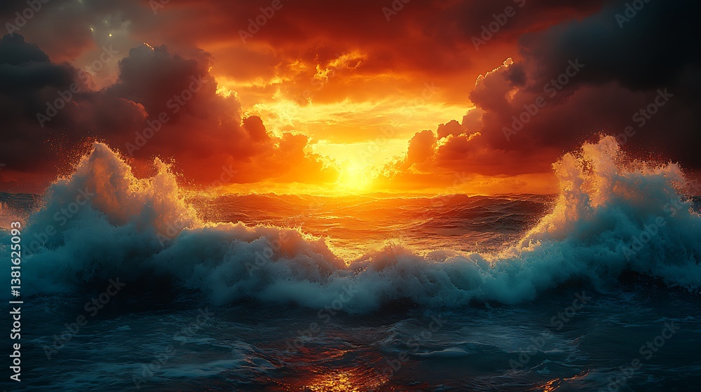 Fototapeta premium Sunset horizon with stormy ocean seascape high resolution hd image