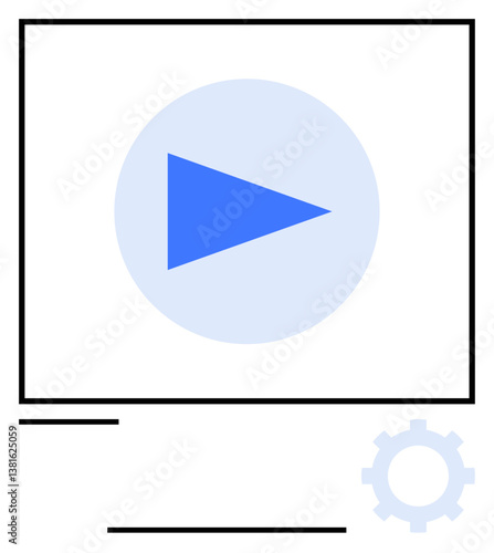 Blue play button inside a screen frame with a gear icon represents video playback, settings, and customization. Ideal for media interface, streaming, controls, technology, interactivity, tutorials
