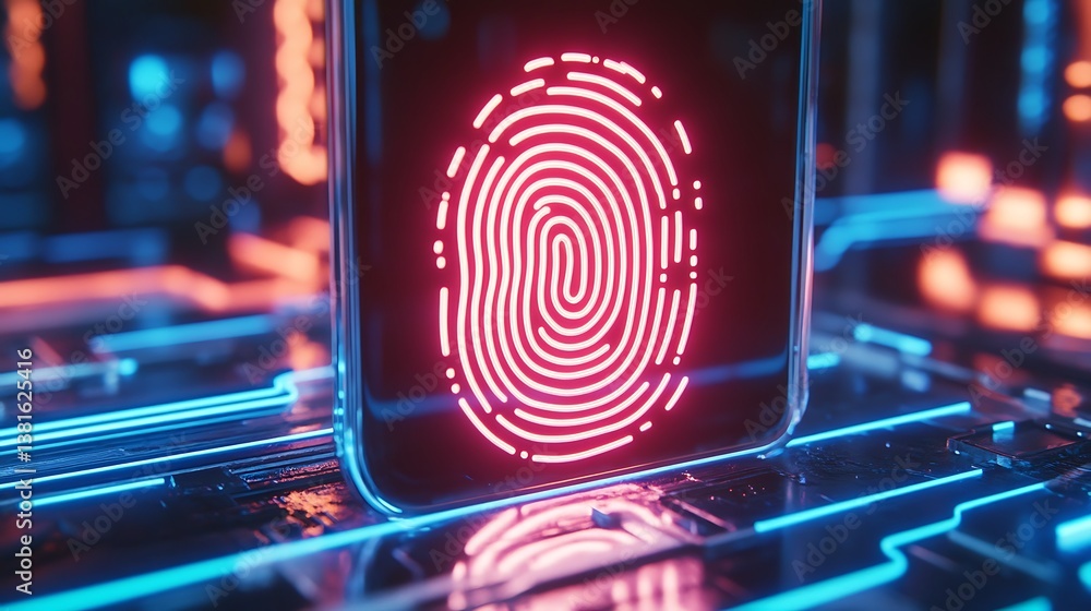 Illuminated fingerprint biometric identification system glowing on a smartphone screen Illuminated fingerprint biometric identification system glowing on a smartphone screen