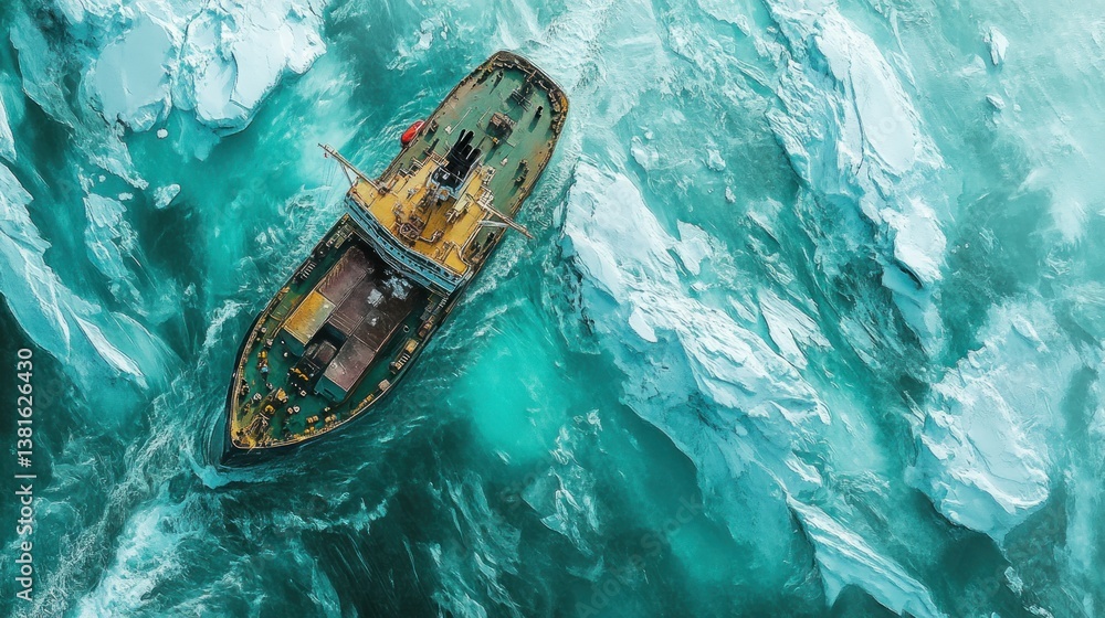 Aerial view of a ship navigating through icy waters, displaying Arctic exploration