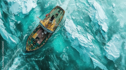 Obraz na płótnie Aerial view of a ship navigating through icy waters, displaying Arctic exploration w salonie