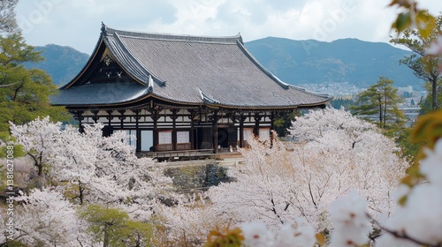 Majestic ancient temple enveloped by flourishing cherry blossoms springtime scenery