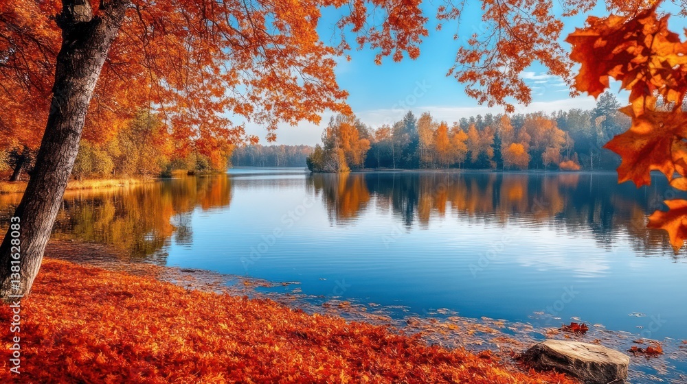 Autumn's Embrace: A serene lakeside scene reflecting the colorful foliage, calm water