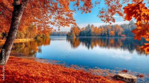 Obraz na płótnie Autumn's Embrace: A serene lakeside scene reflecting the colorful foliage, calm water w salonie